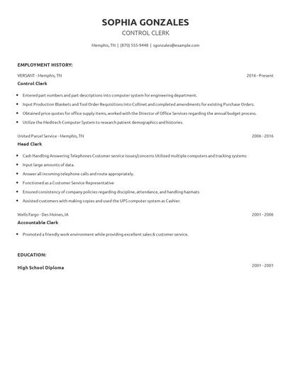Control Clerk Resume