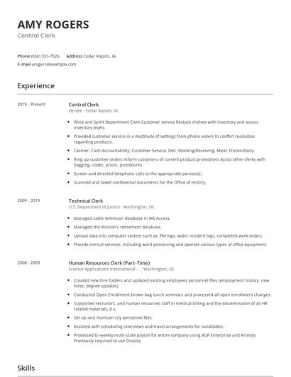 Control Clerk Resume