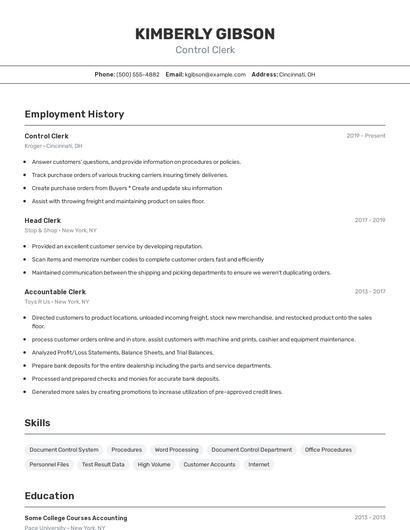 Control Clerk Resume
