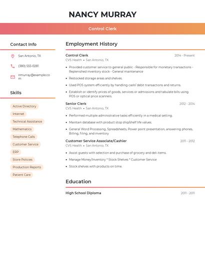 Control Clerk Resume