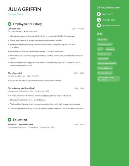 Control Clerk Resume