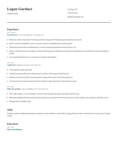 Control Clerk Resume
