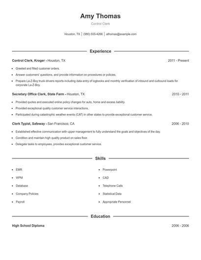 Control Clerk Resume