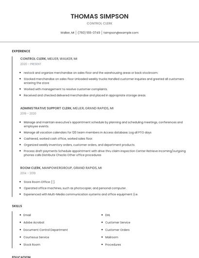 Control Clerk Resume
