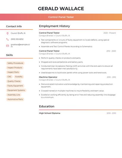 Control Panel Tester Resume
