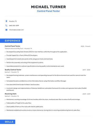 Control Panel Tester Resume