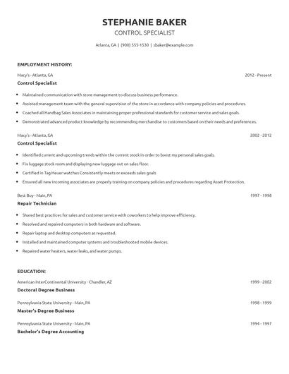 Control Specialist Resume