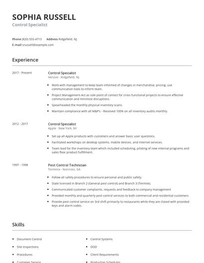 Control Specialist Resume
