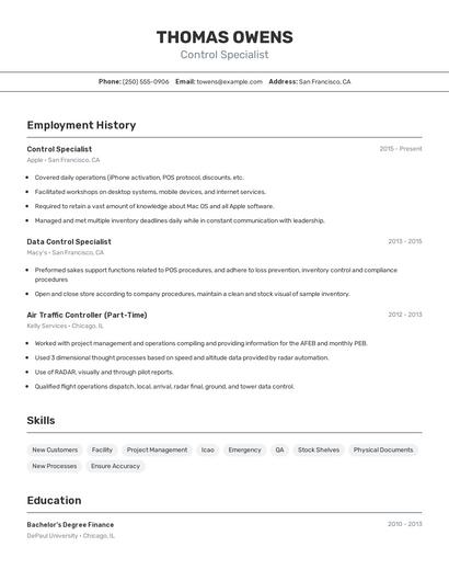 Control Specialist Resume