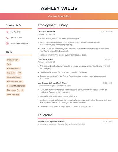 Control Specialist Resume