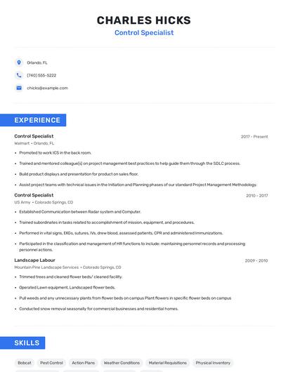 Control Specialist Resume