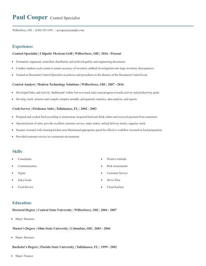 Control Specialist Resume