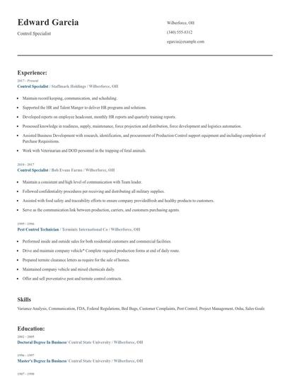 Control Specialist Resume