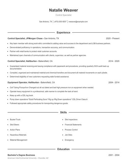 Control Specialist Resume