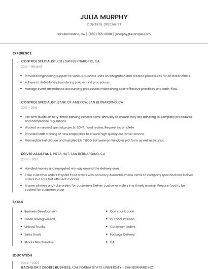Control Specialist Resume