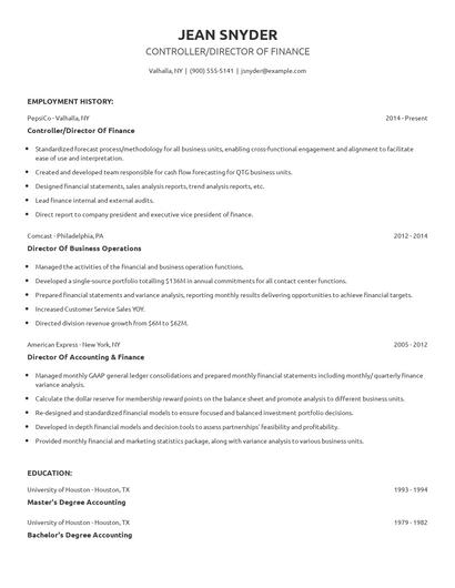 Controller/Director Of Finance Resume