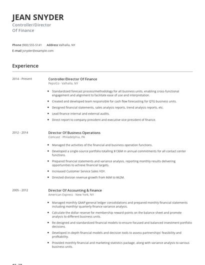 Controller/Director Of Finance Resume