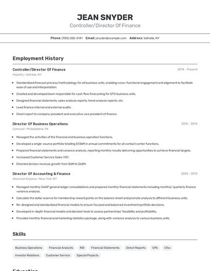 Controller/Director Of Finance Resume