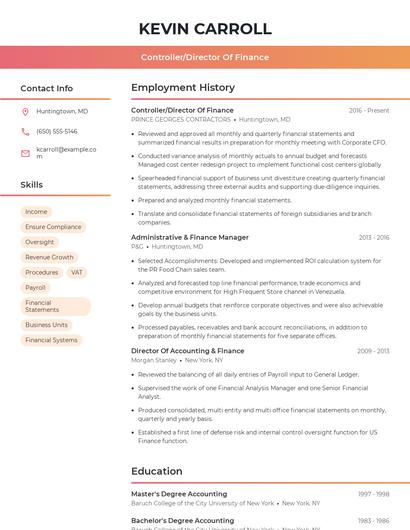 Controller/Director Of Finance Resume