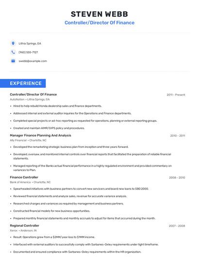 Controller/Director Of Finance Resume