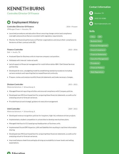 Controller/Director Of Finance Resume