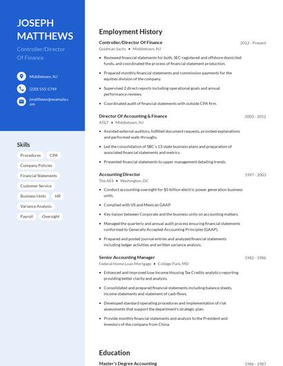 Controller/Director Of Finance Resume