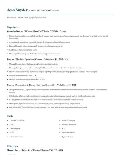 Controller/Director Of Finance Resume
