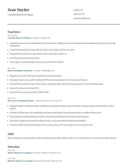 Controller/Director Of Finance Resume