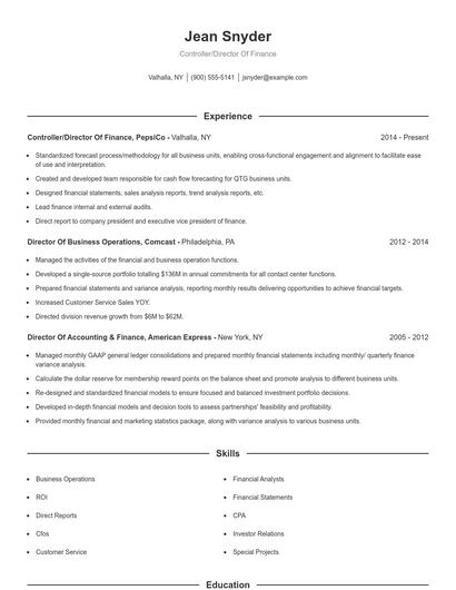 Controller/Director Of Finance Resume
