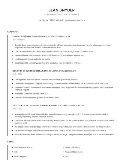 Controller/Director Of Finance Resume