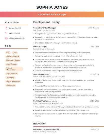 Controller/Office Manager Resume