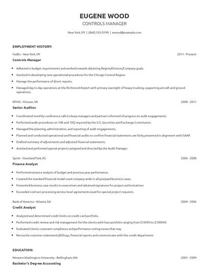 Controls Manager Resume