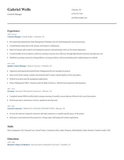 Controls Manager Resume