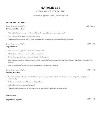 Convenience Store Clerk Resume