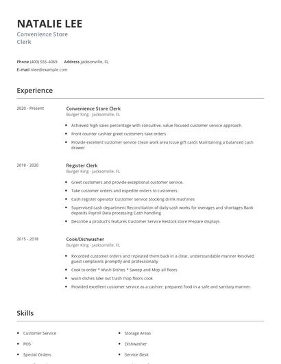 Convenience Store Clerk Resume