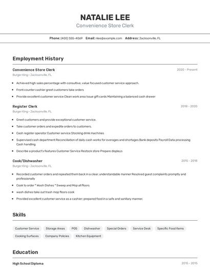 Convenience Store Clerk Resume