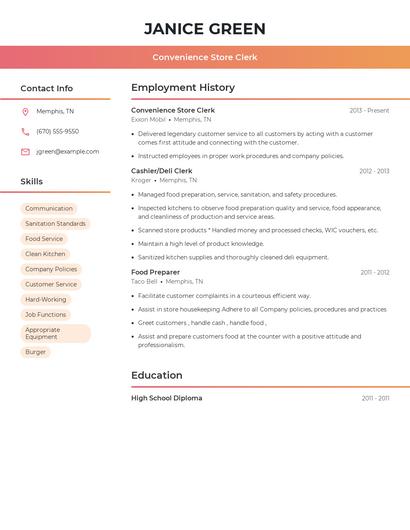 Convenience Store Clerk Resume