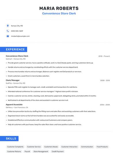 Convenience Store Clerk Resume
