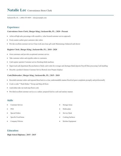 Convenience Store Clerk Resume