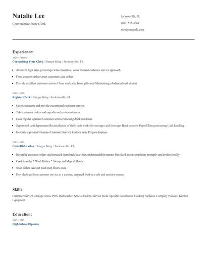 Convenience Store Clerk Resume