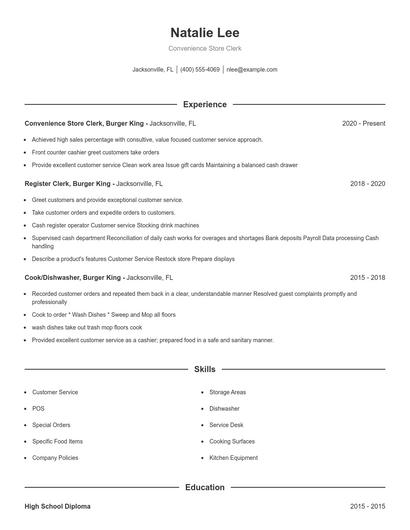 Convenience Store Clerk Resume
