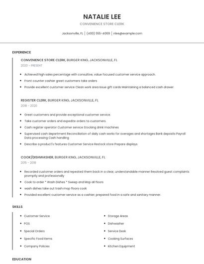 Convenience Store Clerk Resume