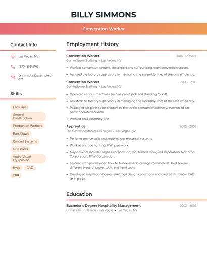 Convention Worker Resume