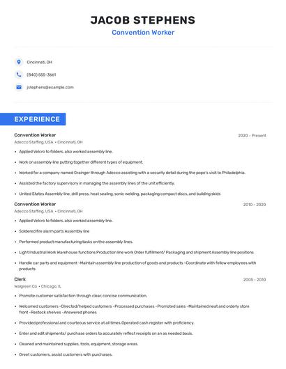 Convention Worker Resume