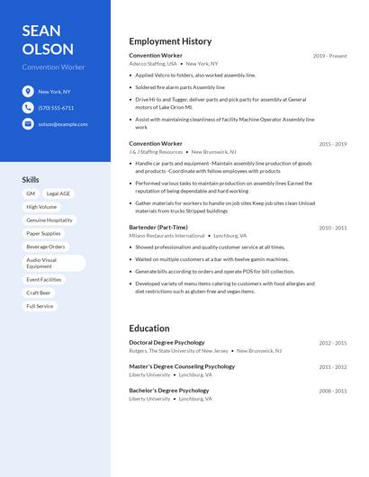 Convention Worker Resume