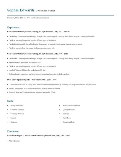 Convention Worker Resume