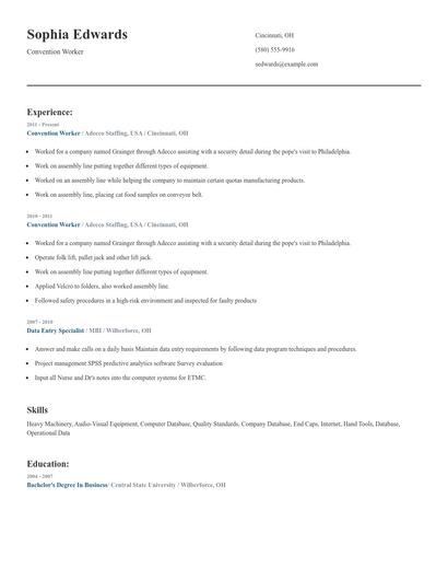 Convention Worker Resume