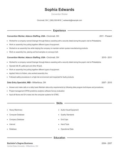 Convention Worker Resume