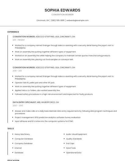 Convention Worker Resume