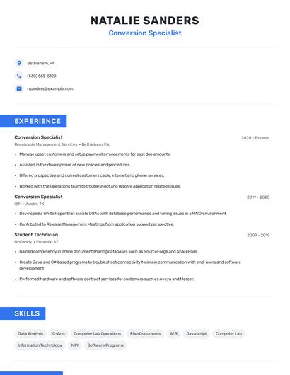 Conversion Specialist Resume